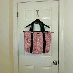 Lauren Ralph Lauren tote pink green floral bag pockets on outside black straps